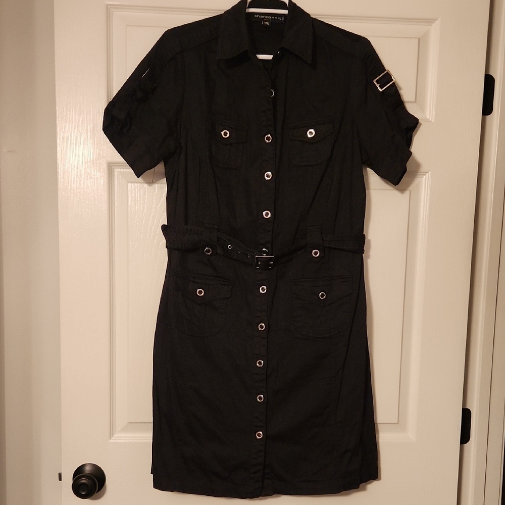💚007 Sharagano Black Button Down Midi Dress w/Short Sleeves